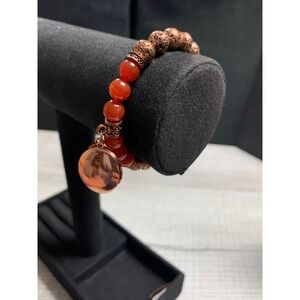 Copper Tone Lava Rock and Orange Agate Bead Stretch Locket Bracelet Love Heart